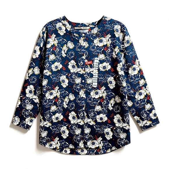 Duluth Trading Co Tops - Duluth Trading Wrinkle Fighter Tunic Top M Blue Poppy Floral Button Down Shirt